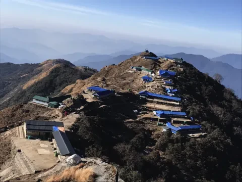 High Camp on the Mardi Himal Trek with panoramic Himalayan mountain views.