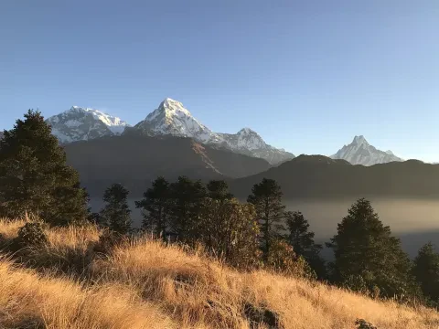 Annapurna and Machhapuchhre Fishtail mountains viewed from Poon Hill in Nepal.