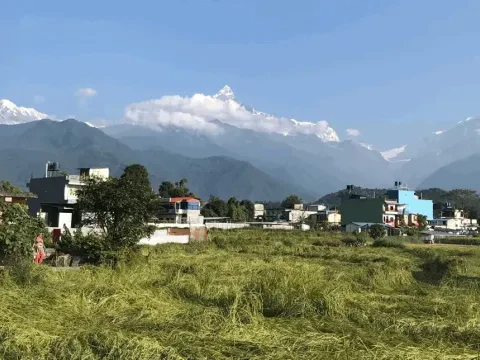 Annapurna mountain range overlooking rice fields near Pokhara .