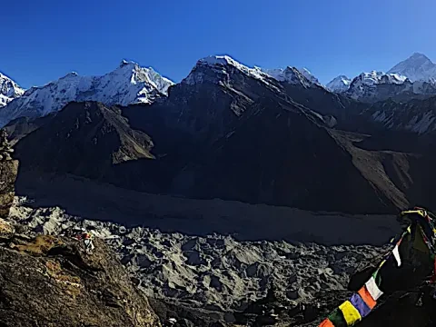 Panoramic Himalayan mountain view from Gokyo Ri in the Everest region of Nepal.