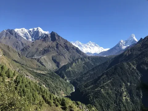Himalayan landscape on the trekking trail from Namche Bazaar to Tengboche in Nepal.