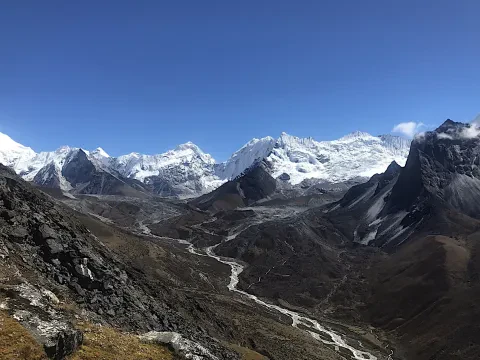 Imja Valley surrounded by Island Peak and snowy Himalayan mountains in Nepal.