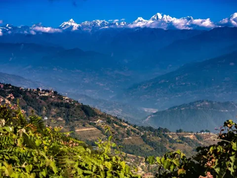 Panoramic Himalayan mountain ranges viewed from Nagarkot, Nepal.