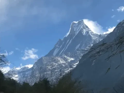 Mount Fishtail Machhapuchhre rising above the Himalayan landscape in Nepal.