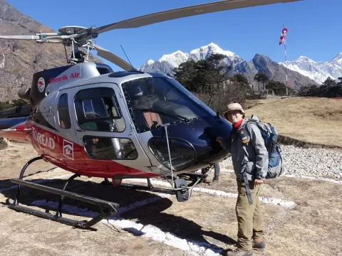 Helicopter ready for an Everest sightseeing tour near Everest View Hotel in Nepal.