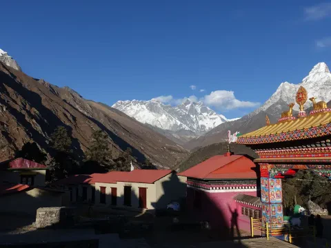 Tengboche Monastery surrounded by Himalayan mountains on the Everest Luxury Trek.