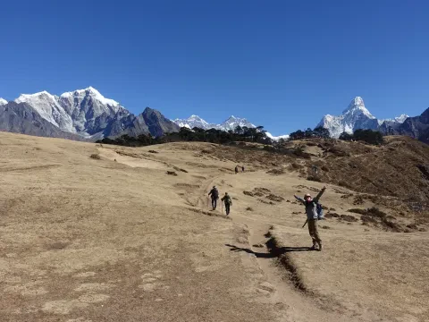 Panoramic Himalayan view from Hotel Everest View with Mount Everest.