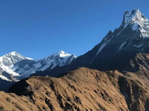Mardi Himal Viewpoint with panoramic Himalayan mountain scenery.