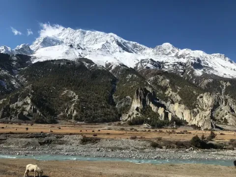 Annapurna mountain range overlooking Manang Valley on the Annapurna Circuit Trek in Nepal.