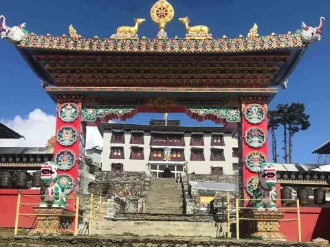 Tengboche Monastery surrounded by Himalayan mountains in the Everest region of Nepal.