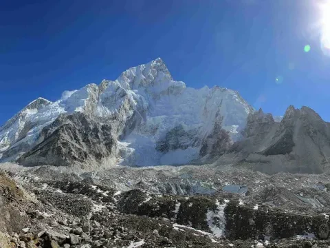 Mount Nuptse rising above the Khumbu Glacier near Everest Base Camp, Nepal.