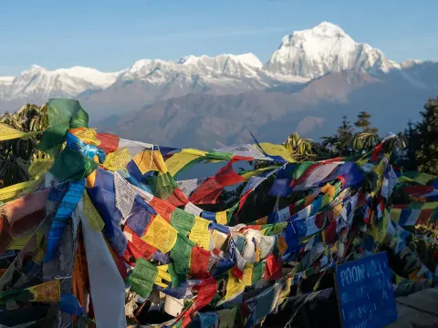 Himalayan mountains and colourful prayer flags from Poon Hill.