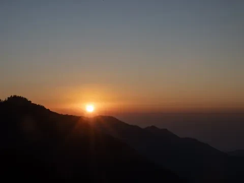 Golden sunrise over the Annapurna and Dhaulagiri mountain ranges from Poon Hill, Nepal.