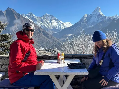 Breakfast with Everest views during a helicopter tour.