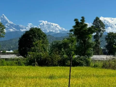 Pokhara with panoramic views of the Annapurna mountain range.