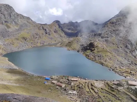 Gosainkunda Lake surrounded by Himalayan mountains.