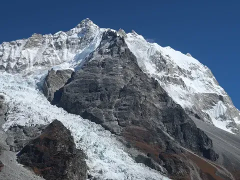 Langtang glacier surrounded by Himalayan mountains.