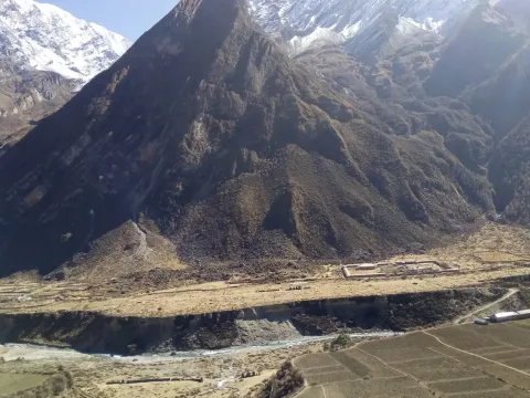 Alpine landscape with mountains in Tsum Valley.