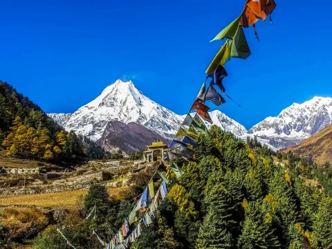 Buddhist monastery and prayer flags surrounded by forest in the Manaslu region of Nepal .