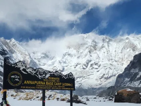 Annapurna Base Camp sign board in Nepal.