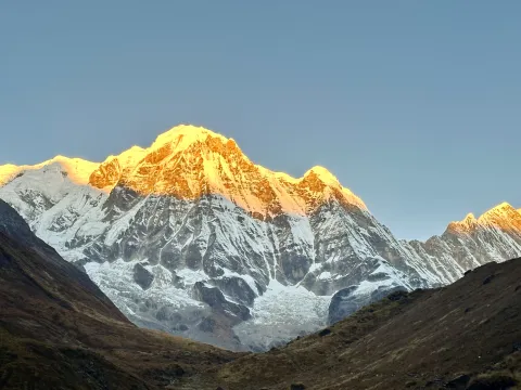 Sunrise illuminating the Annapurna mountains in Nepal.