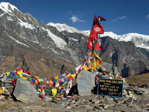 Mardi Himal Base Camp surrounded by Himalayan mountains.