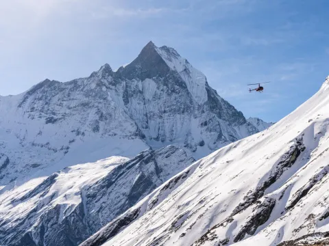 Aerial view of Annapurna Sanctuary from helicopter Caption