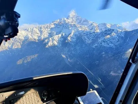 Helicopter cockpit view approaching Annapurna Base Camp