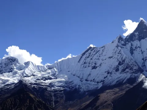 Mount Machhapuchhre towering above the Annapurna Base Camp landscape