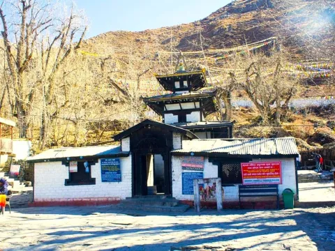 Muktinath Temple in Mustang, a sacred pilgrimage site on the Annapurna Circuit Trek in Nepal.