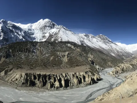 Annapurna mountain range viewed from Manang along the Annapurna Circuit Trek in Nepal.