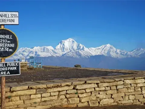 Poon Hill viewpoint above Ghorepani with panoramic Annapurna and Dhaulagiri mountain views in Nepal.