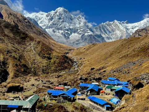 Trekkers on the Machhapuchhre Base Camp trail heading toward Annapurna Base Camp in Nepal .