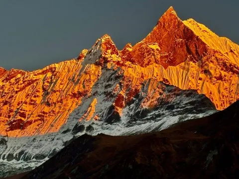 Machhapuchhre Fishtail Mountain viewed from the Annapurna Base Camp Trek in Nepal.
