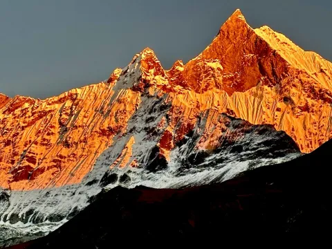 Golden sunset illuminating Mount Fishtail Machhapuchhre in the Annapurna region of Nepal.