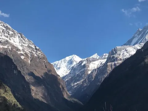 Dramatic mountain gorge along the trail to Annapurna Base Camp in Nepal.