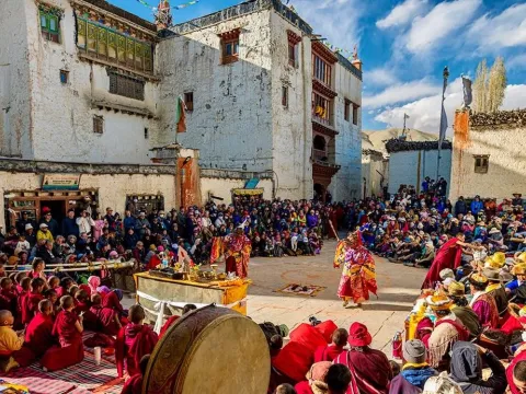 Buddhist monks performing a traditional ceremony in Upper Mustang, Nepal.