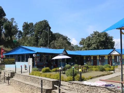 Australian Camp with panoramic views of the Annapurna and Machhapuchhre mountains in Nepal.