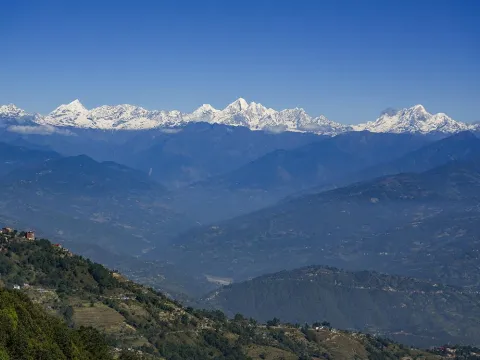 Panoramic Himalayan mountain range viewed from Nagarkot near Kathmandu, Nepal.