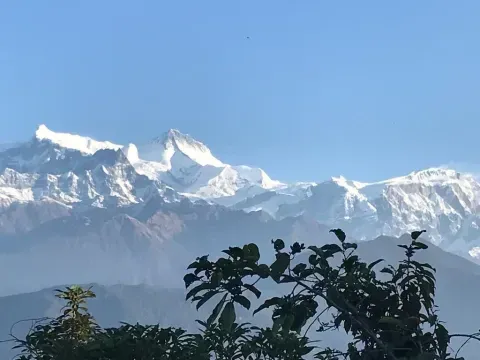 Annapurna II viewed from Sarangkot near Pokhara with panoramic Himalayan mountain scenery, Nepal.