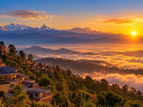 Golden sunrise over the hills and Himalayan landscape on the Chisapani Nagarkot Trek in Nepal.