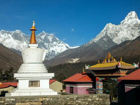 Tengboche Stupa with views of Mount Everest, Lhotse, and Ama Dablam in Nepal.