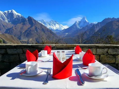 Outdoor restaurant at Hotel Everest View in Nepal.