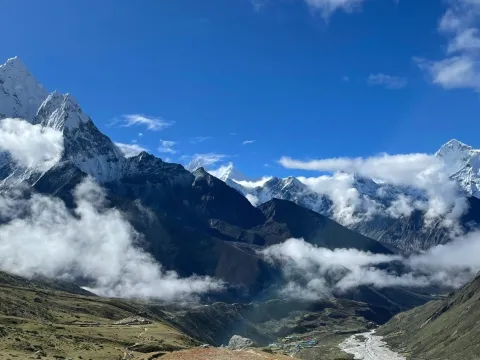 Pheriche Valley surrounded by Himalayan mountains in the Everest region of Nepal.