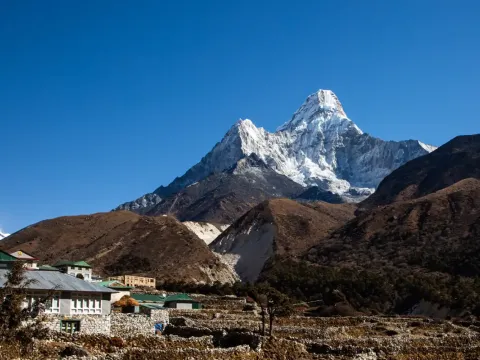 Mount Ama Dablam and Lobuche village surrounded by Himalayan peaks on the Everest Base Camp Trek.