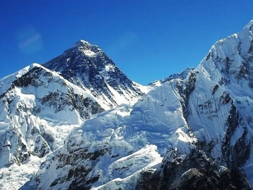 Everest Base Camp with Mount Everest and Nuptse towering above the Khumbu Glacier in Nepal.