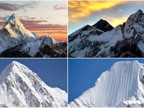 Sunrise over Everest Base Camp with Mount Everest, Nuptse and surrounding Himalayan peaks.