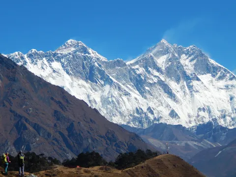 Mount Everest and Lhotse seen from Syangboche in the Everest region of Nepal.