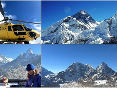 Aerial view of Everest View Hotel and Mount Everest from a helicopter tour in Nepal.