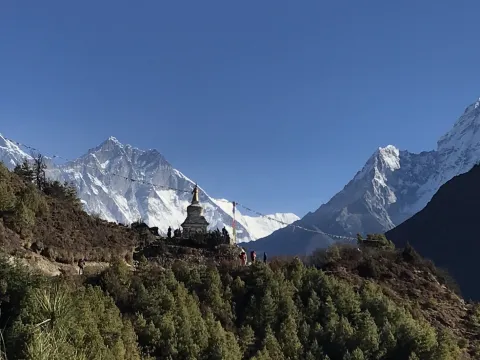 Namche Bazaar to Tengboche trekking trail with Mount Ama Dablam in the Everest region of Nepal.